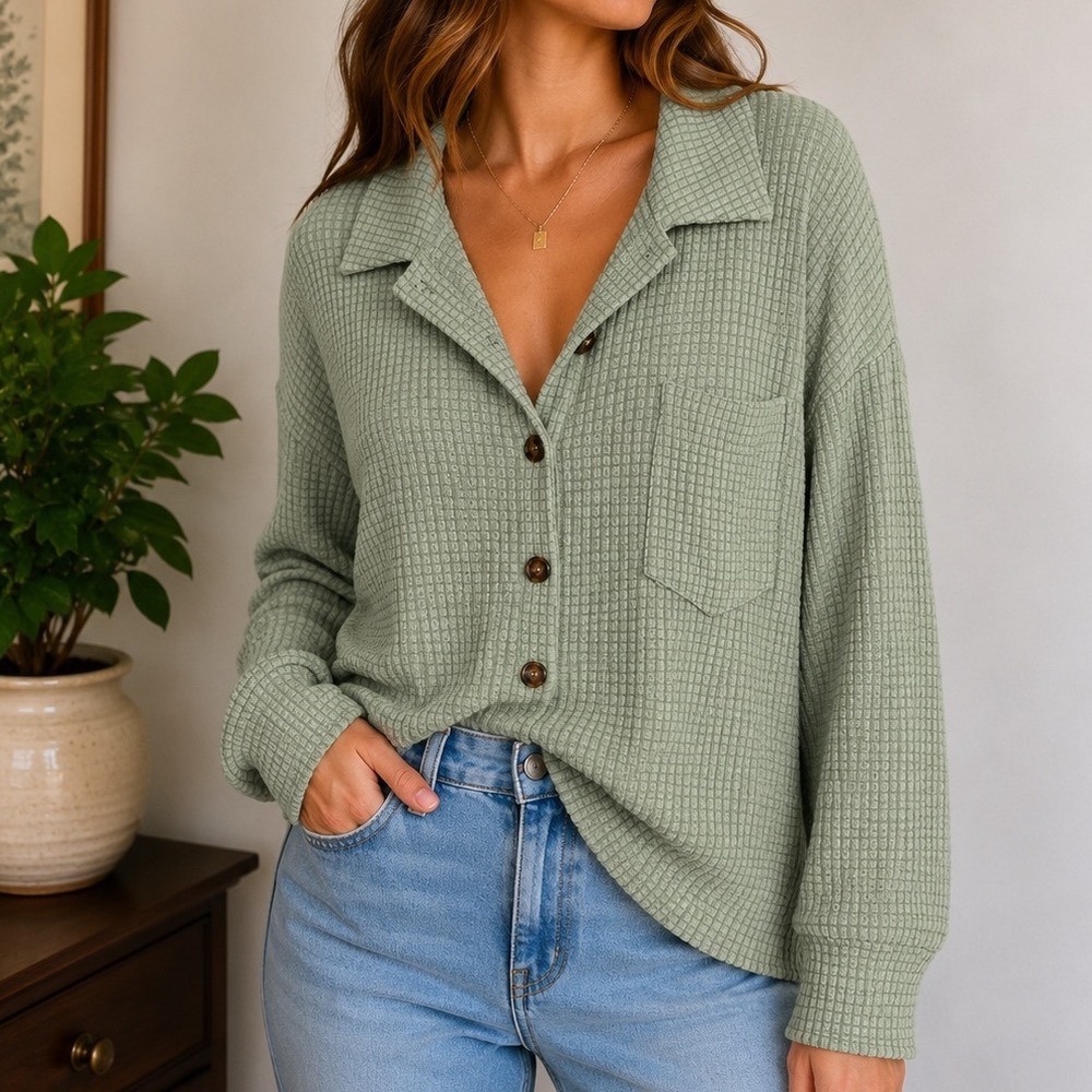SHEIN Waffle Knit Oversized Henley Top M Sage Green Cozy Minimalist Lounge